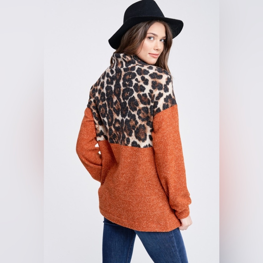 NWT White Birch Long Sleeve Cheetah Print Quarter Zip Pullover Sweater, Rust - Picture 6 of 8